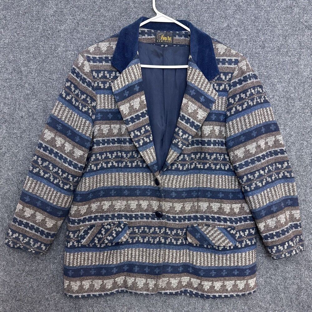 David Paul New York Women Blazer  L  Blue Aztec Southwest Jacket Corduroy Collar